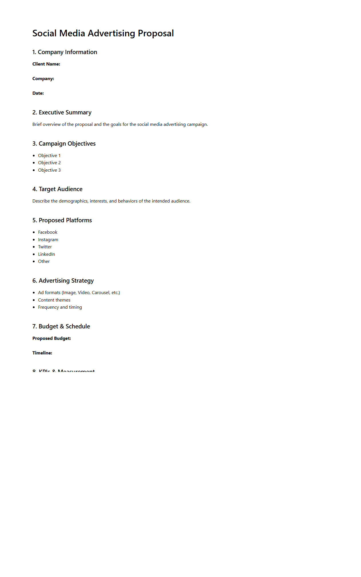 Blank Social Media Advertising Proposal Template