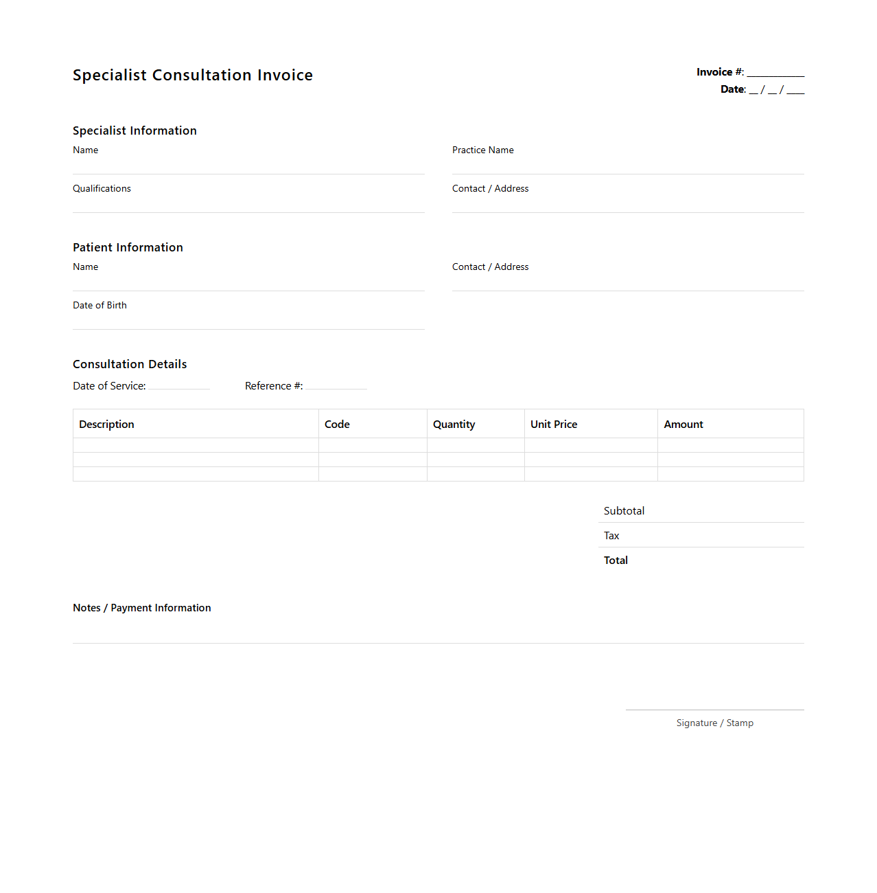 Blank Specialist Consultation Invoice Template