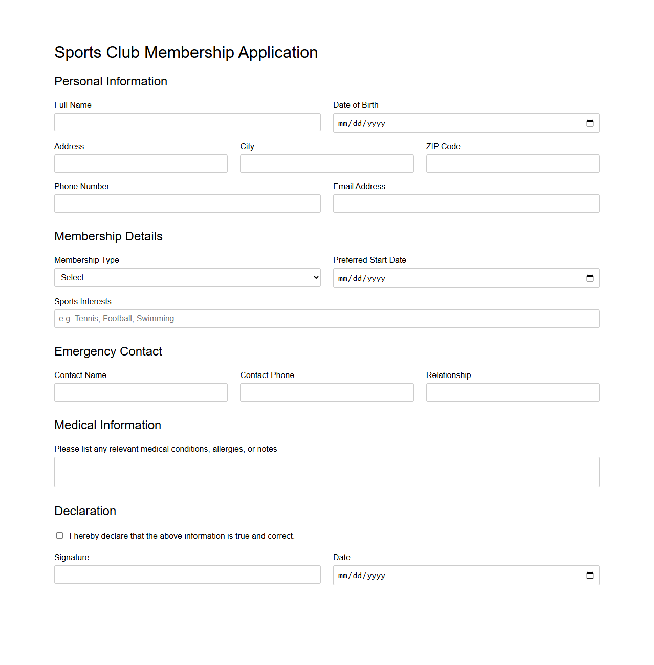 Blank Sports Club Membership Application Template