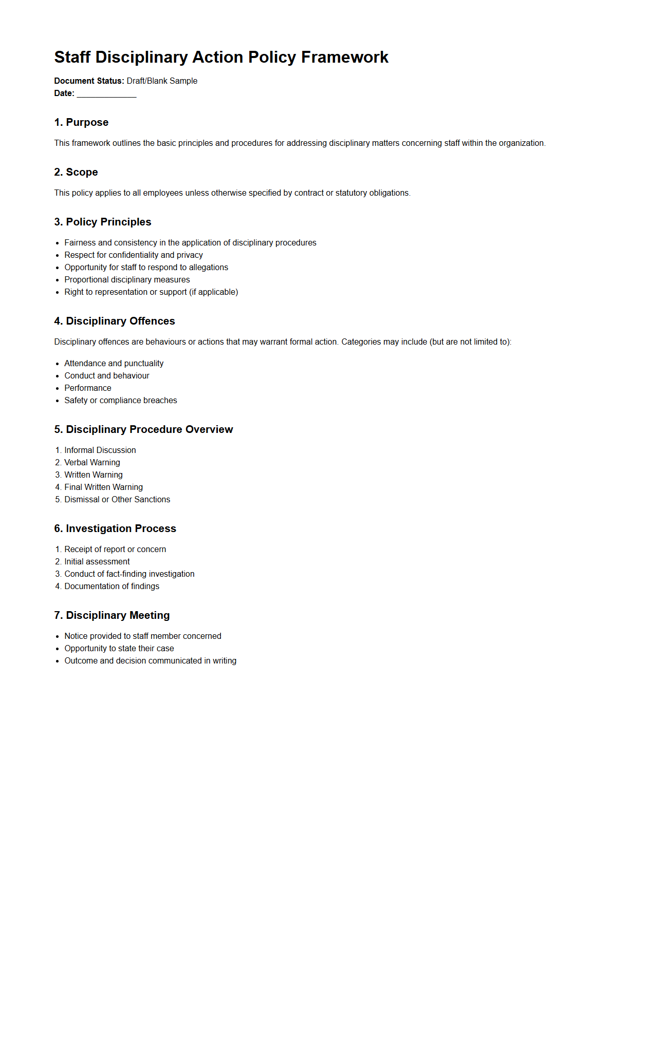 Blank Staff Disciplinary Action Policy Framework