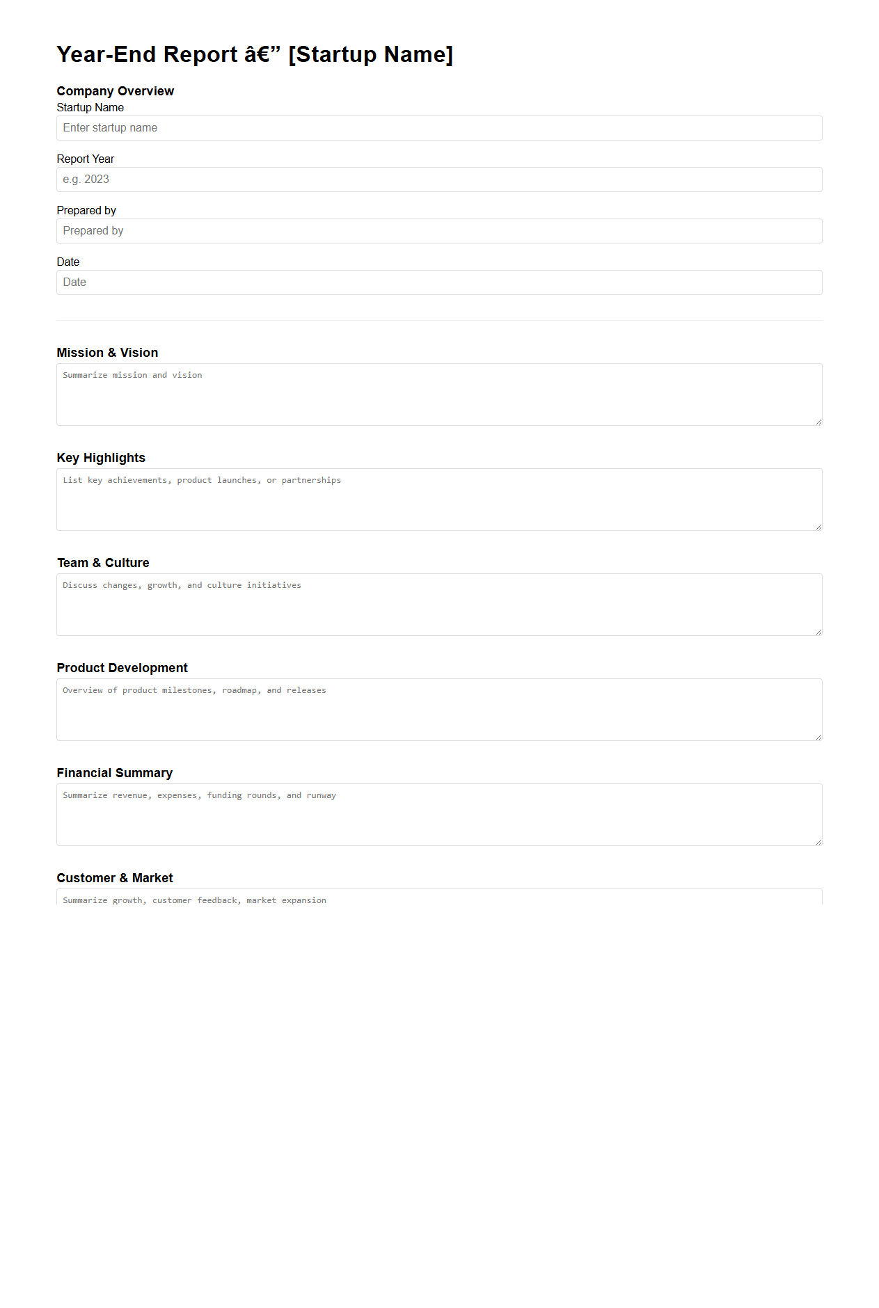 Blank Startup Year-End Report Template