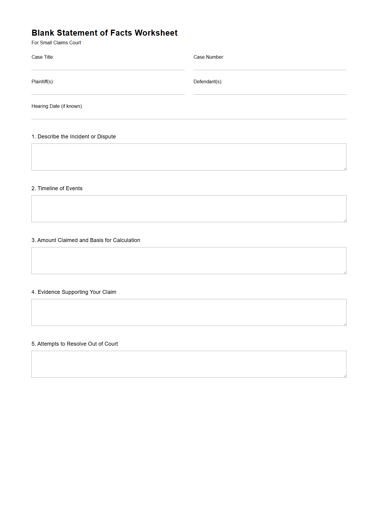 Blank Statement of Facts Worksheet for Small Claims Court