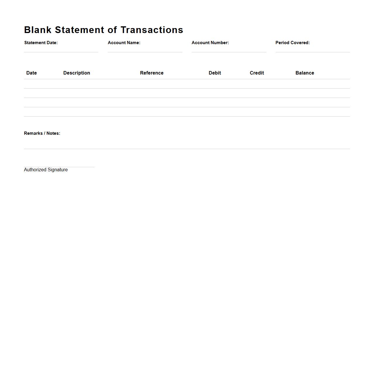 Blank Statement of Transactions Template