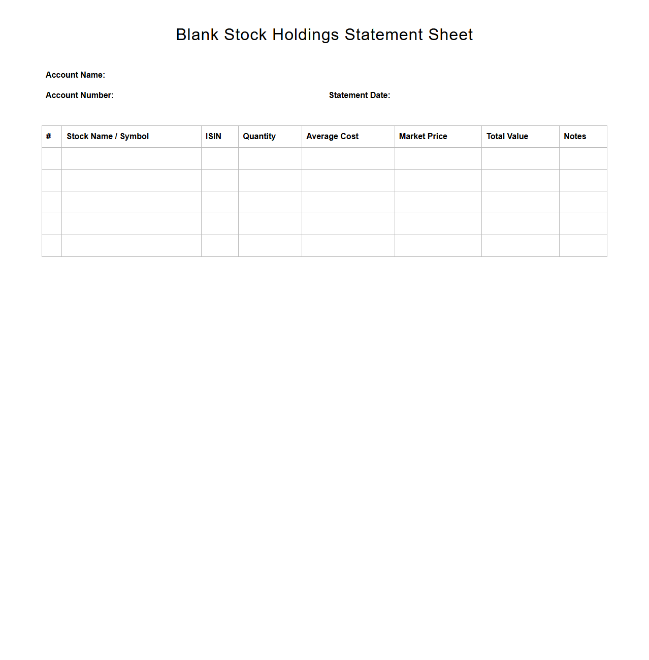 Blank Stock Holdings Statement Sheet