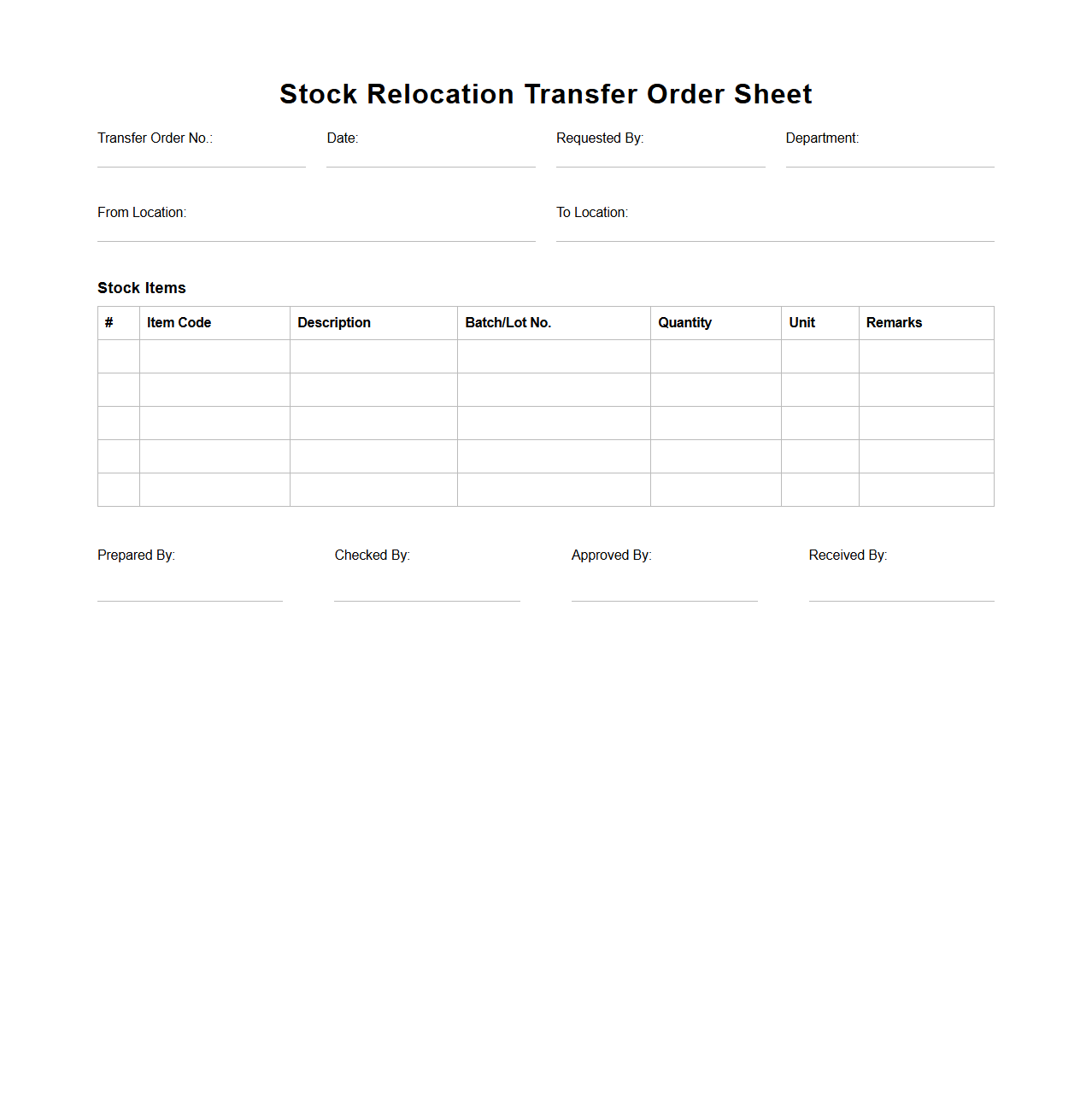 Blank Stock Relocation Transfer Order Sheet
