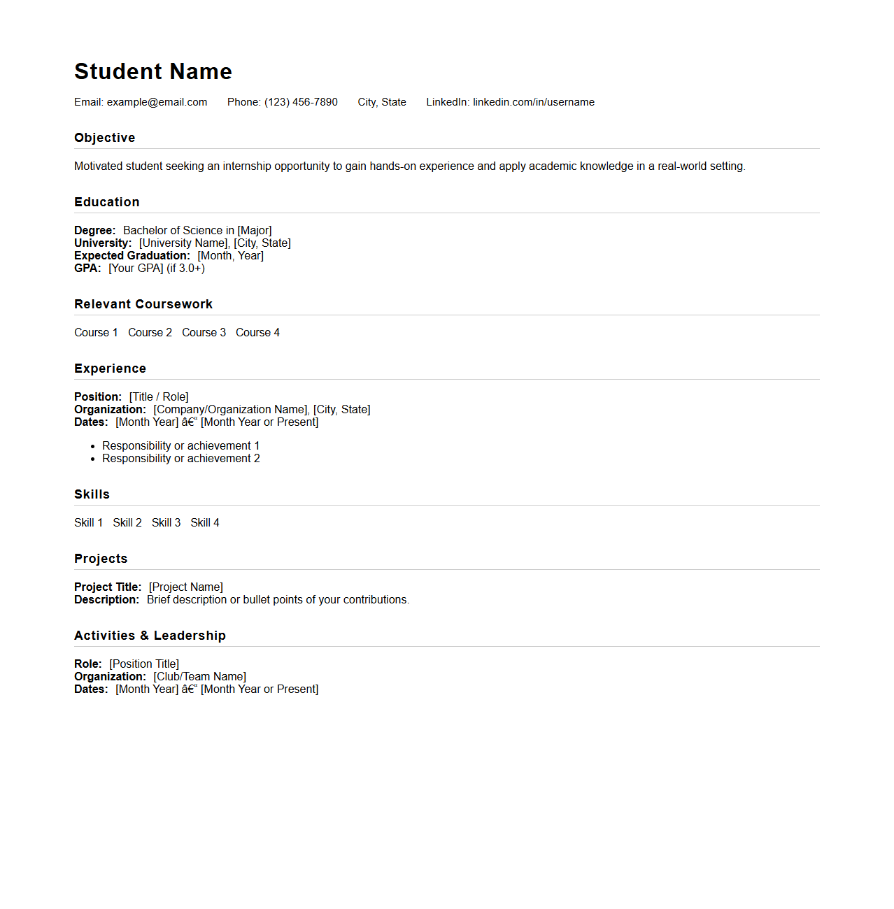 Blank Student Resume Template for Internships
