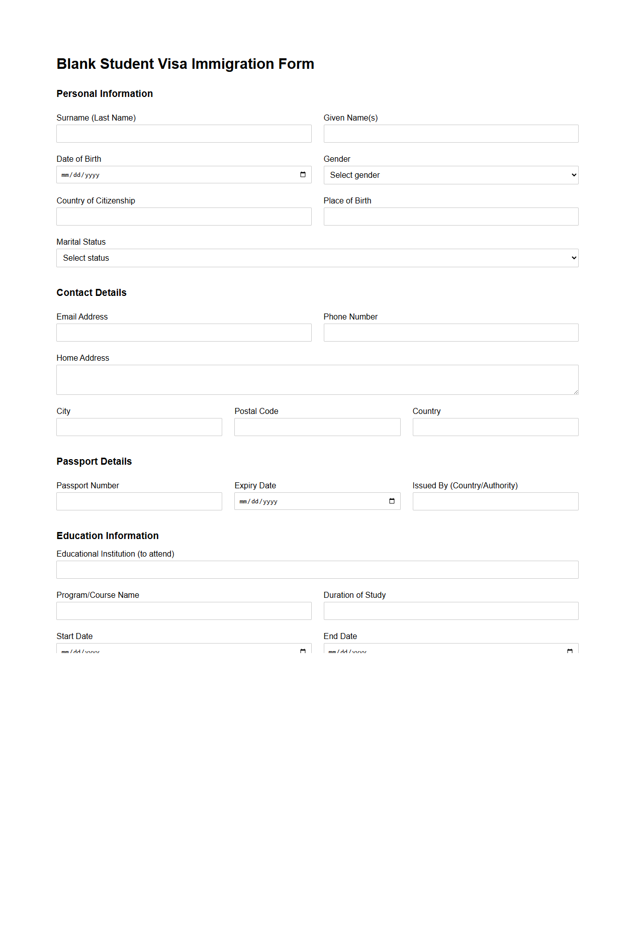 Blank Student Visa Immigration Form