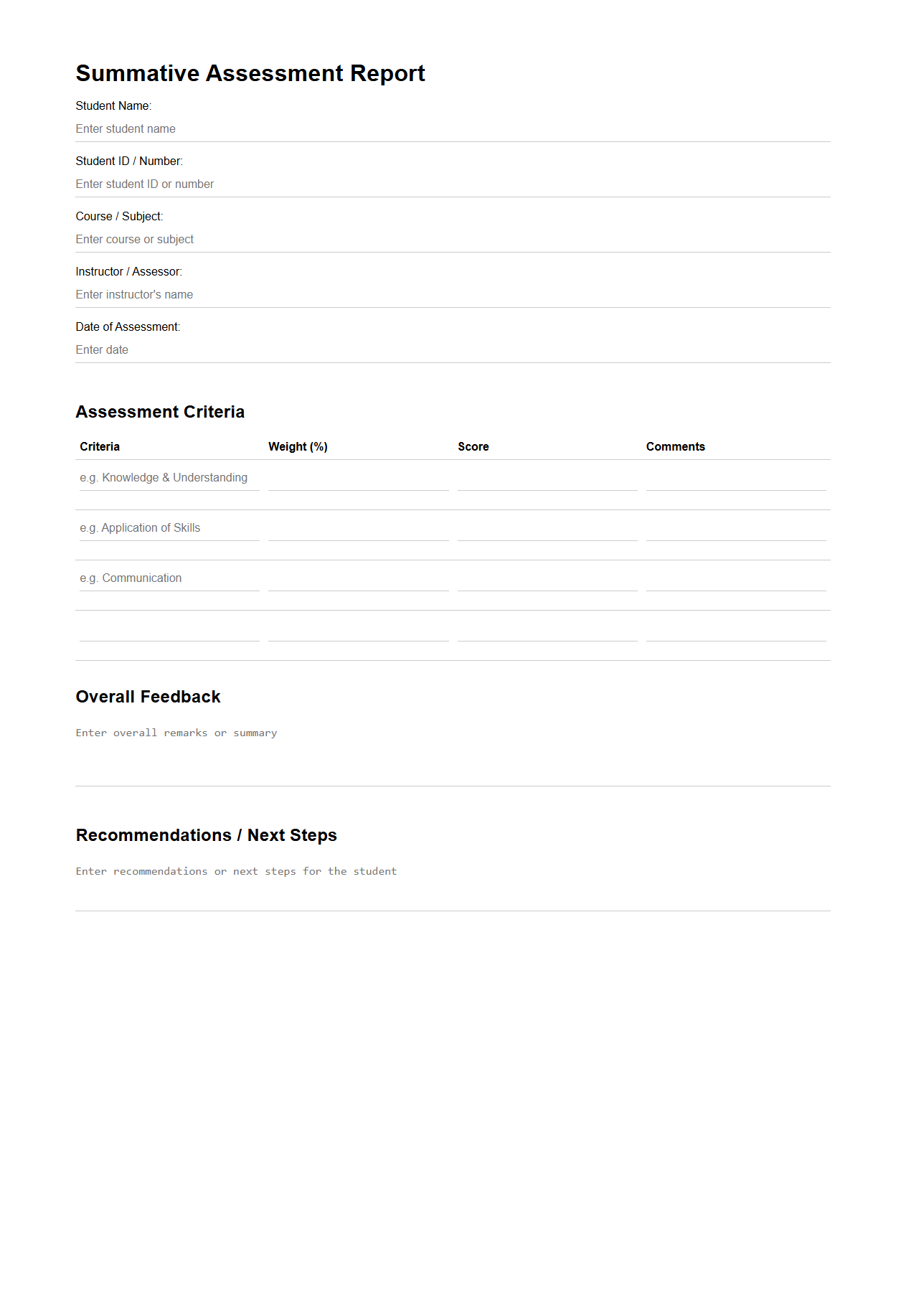 Blank Summative Assessment Report Template for Educational Institutions