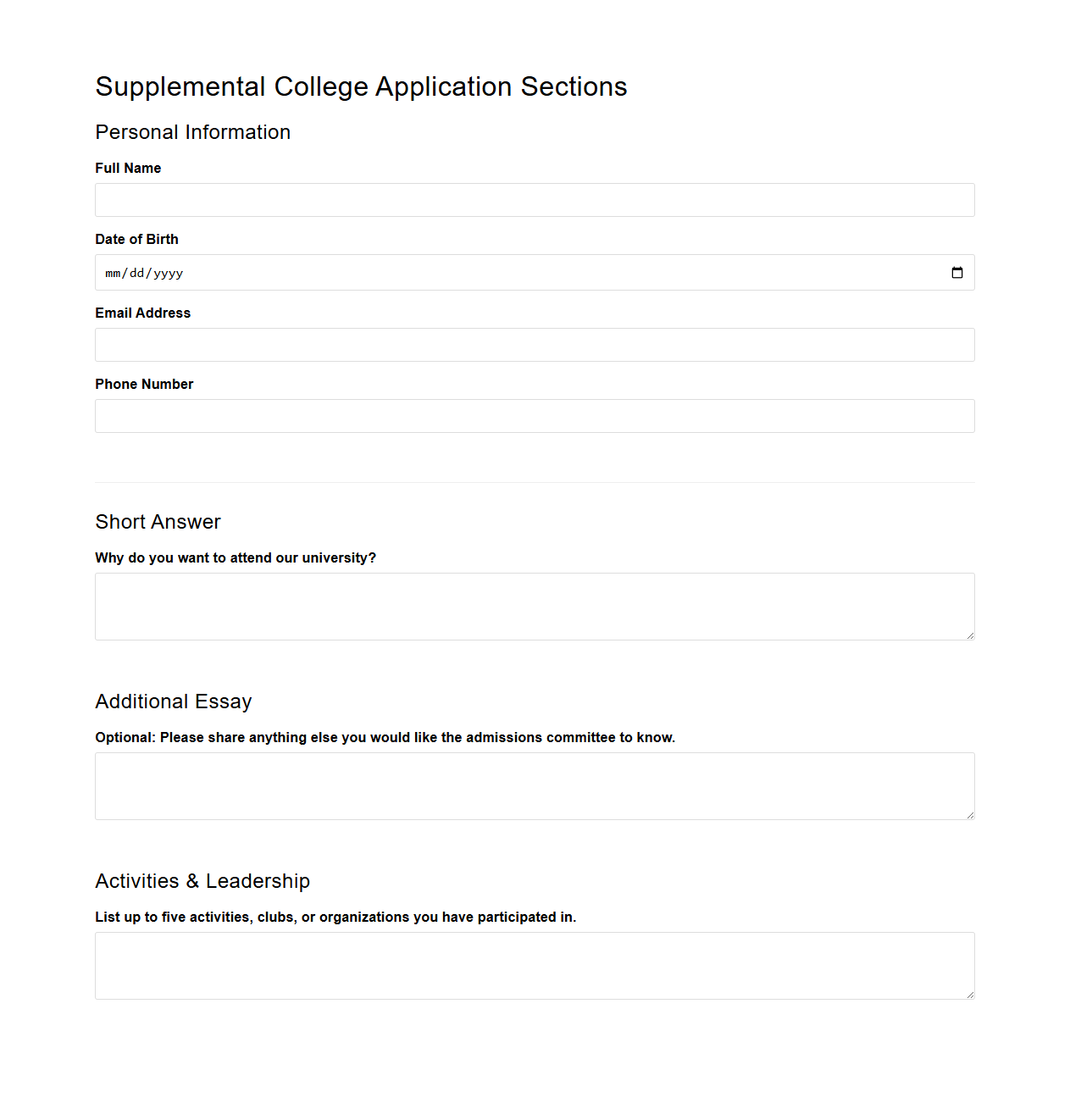 Blank Supplemental College Application Sections for University