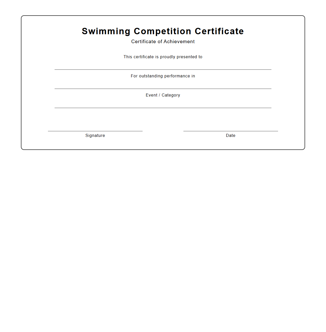 Blank Swimming Competition Certificate Template