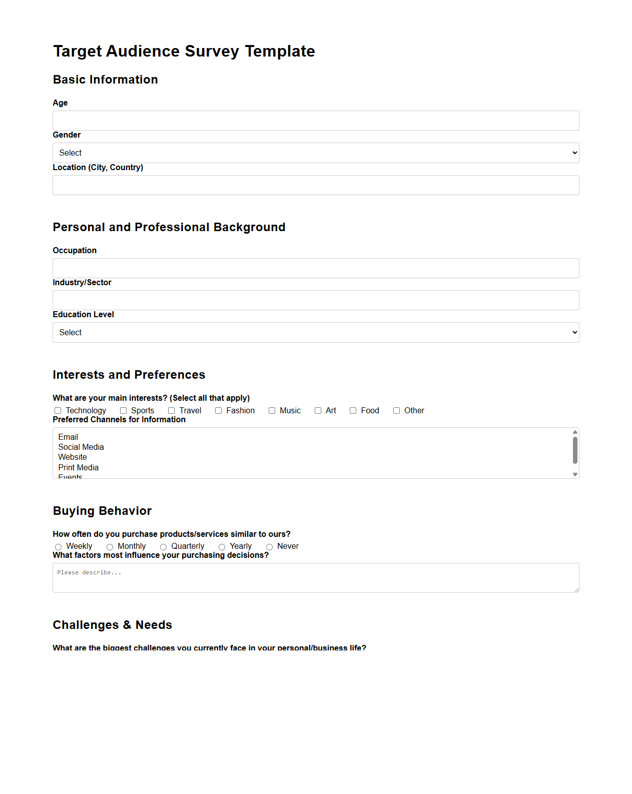 Blank Target Audience Survey Template for Marketing Strategy