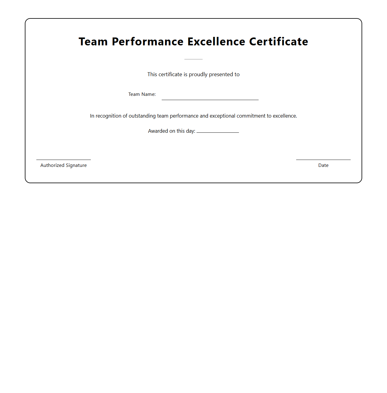 Blank Team Performance Excellence Certificate Template