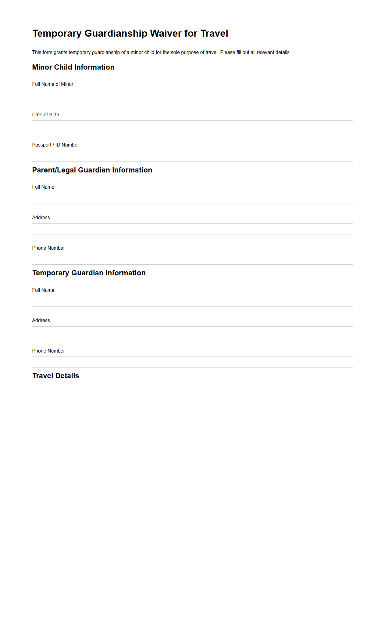 Blank Temporary Guardianship Waiver for Travel