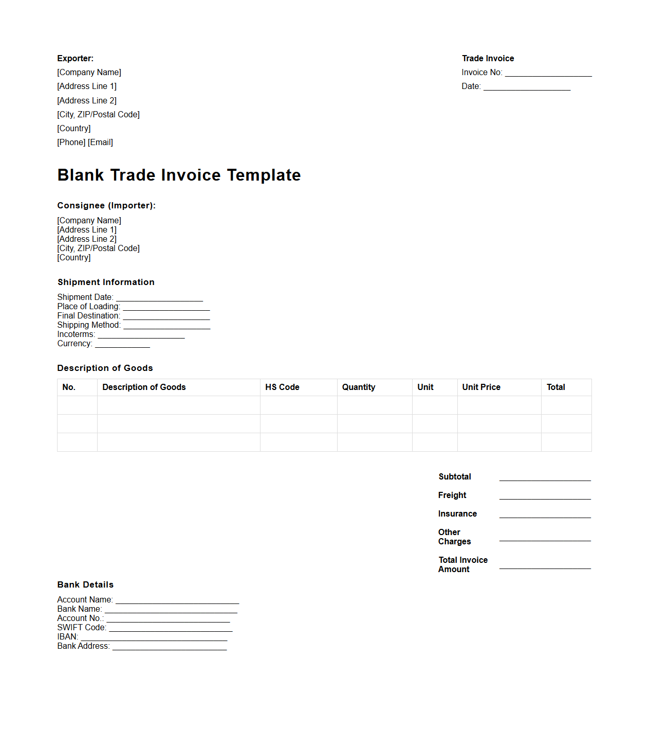 Blank Trade Invoice Template for Global Commerce