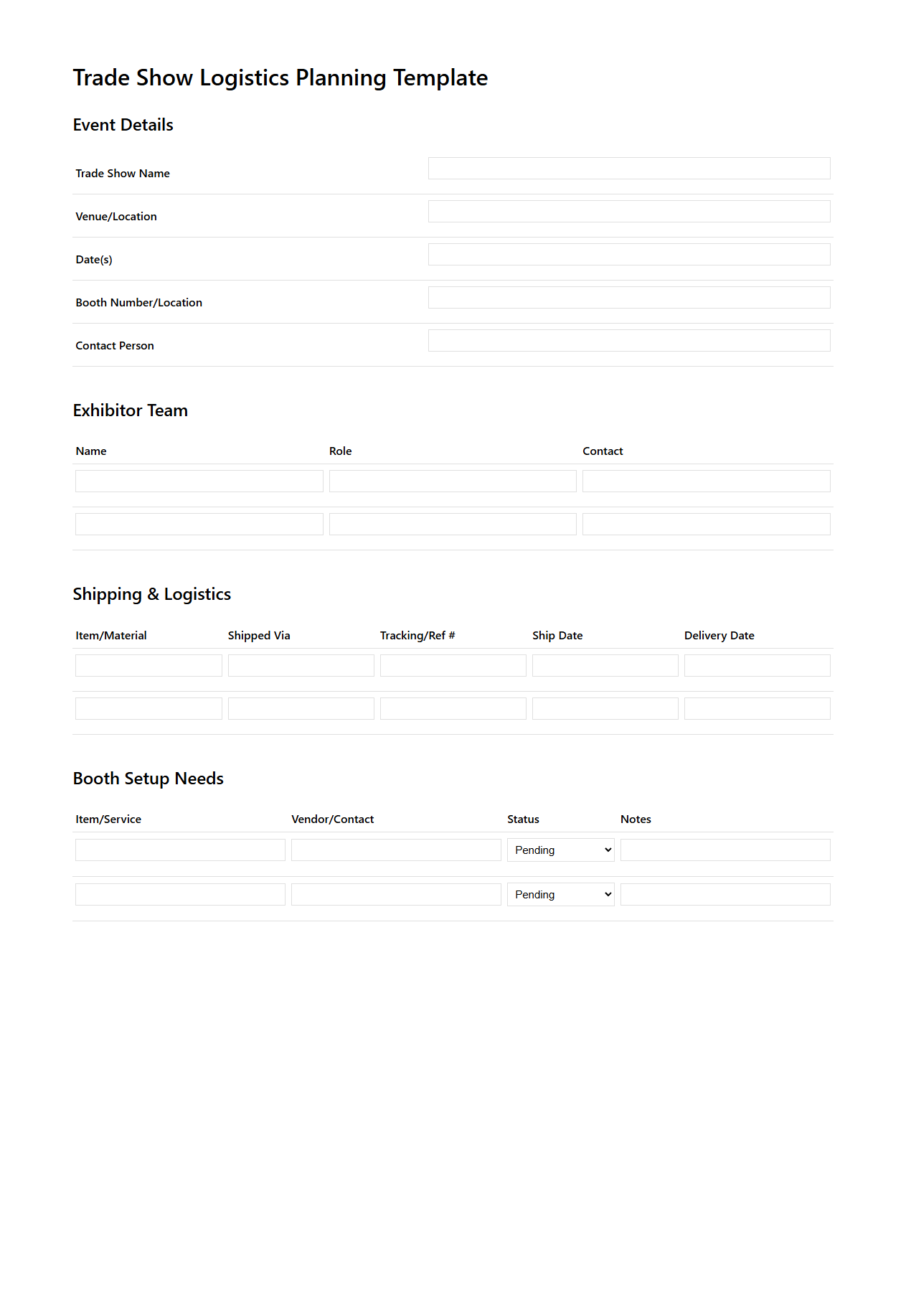 Blank Trade Show Logistics Planning Template