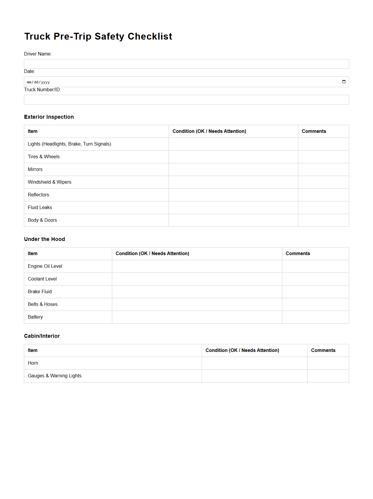 Blank Truck Pre-Trip Safety Checklist