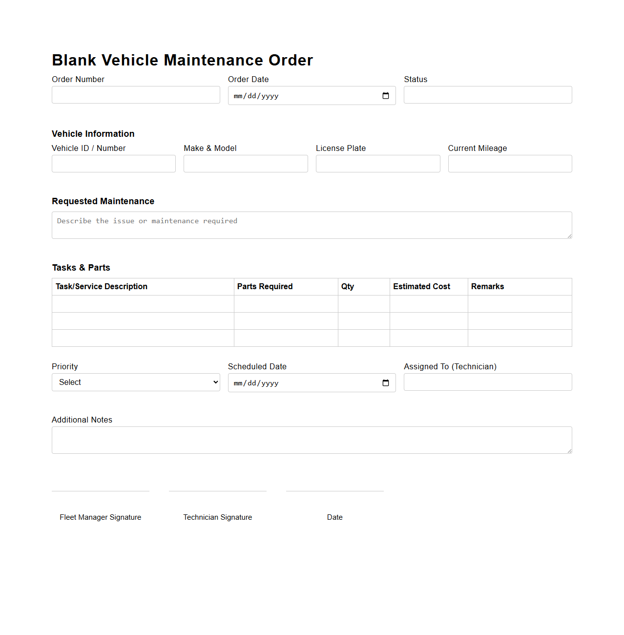 Blank Vehicle Maintenance Order Template for Fleet Management
