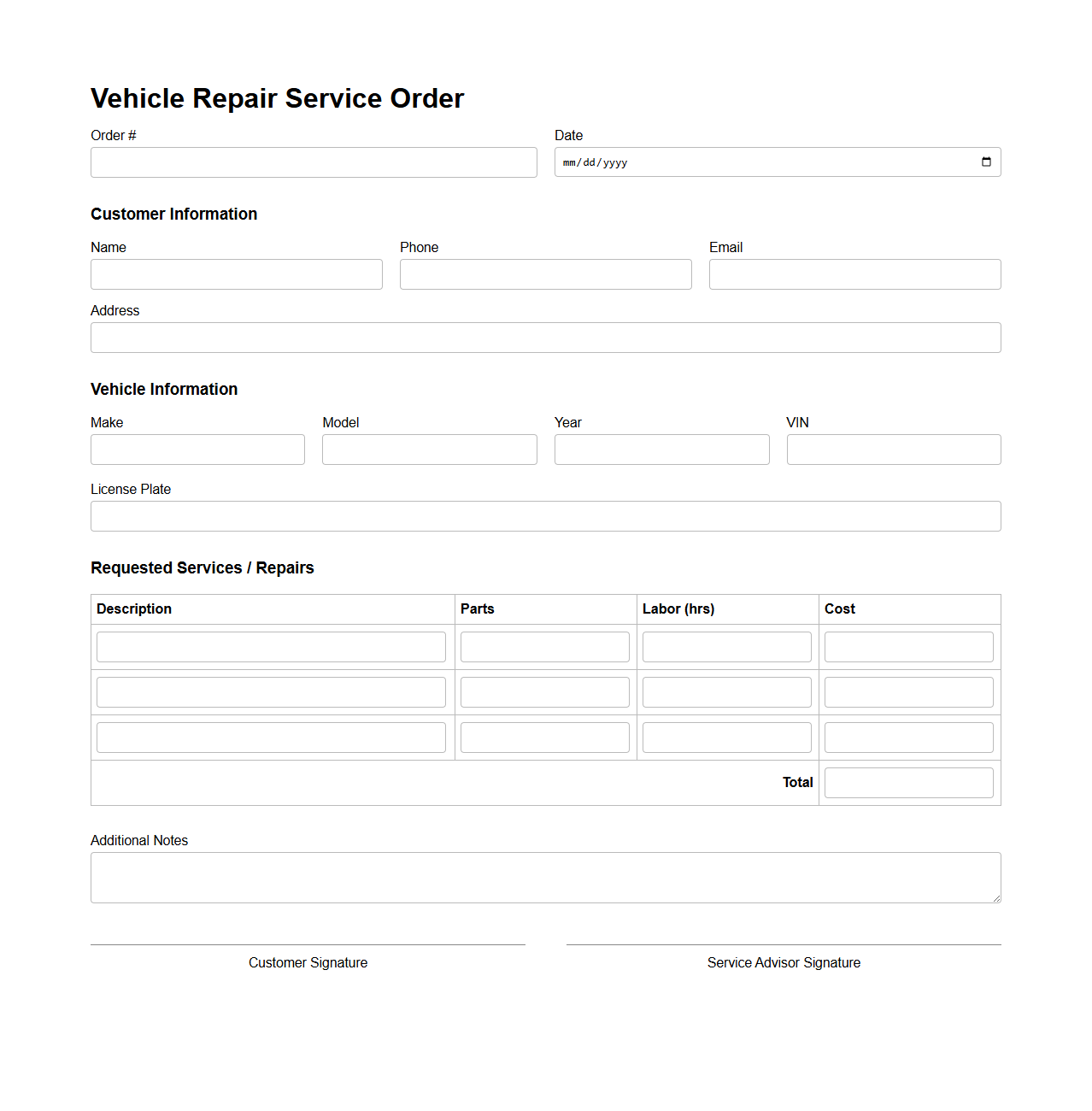 Blank Vehicle Repair Service Order Template