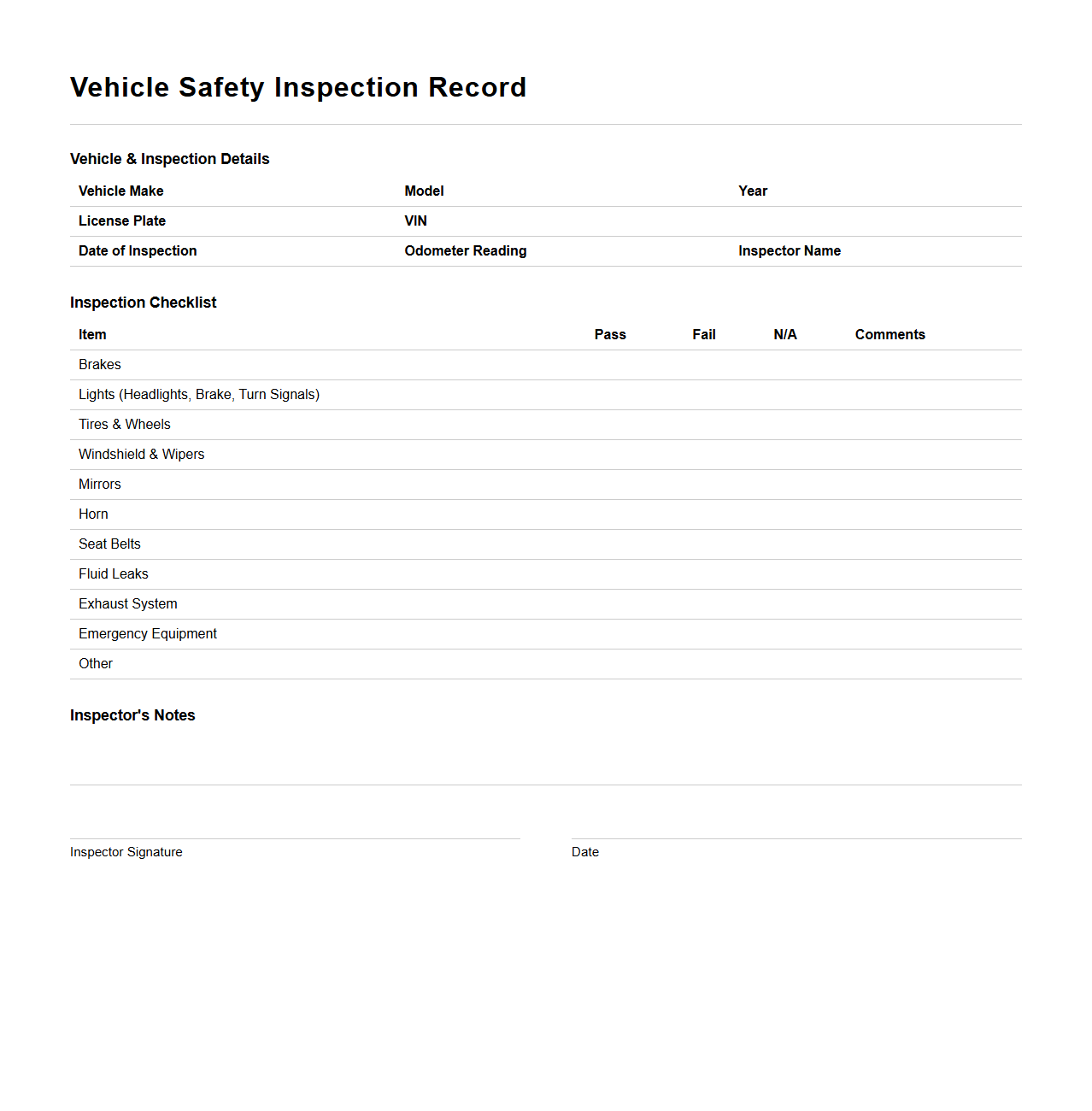 Blank Vehicle Safety Inspection Record Template