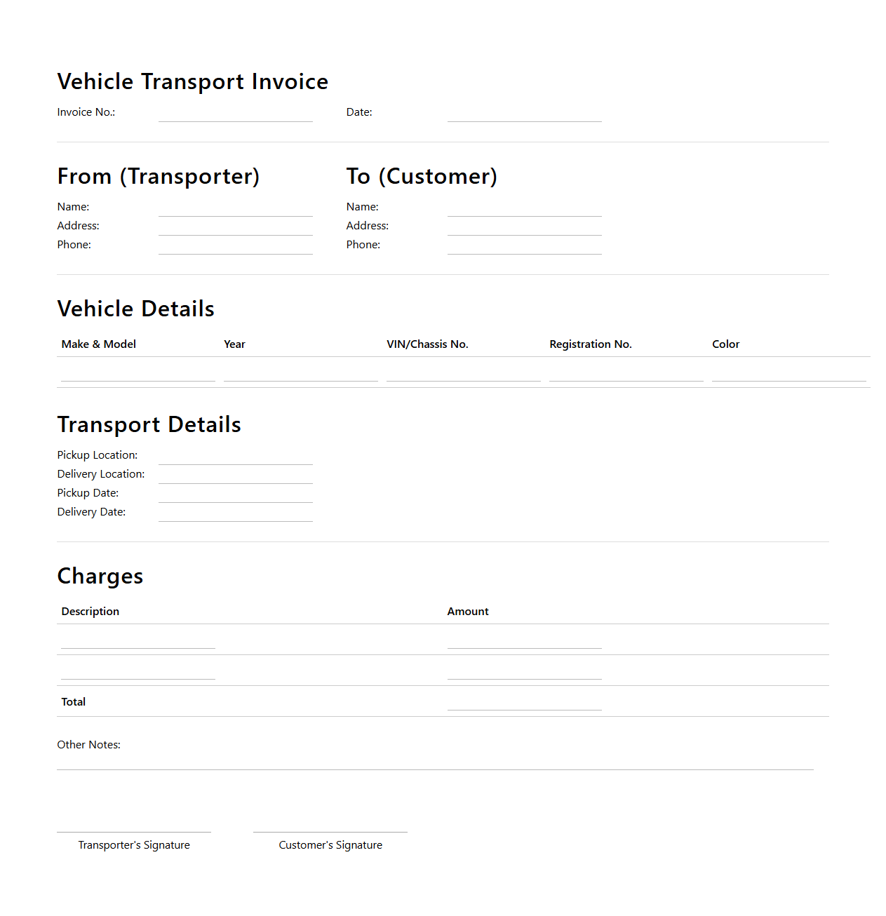 Blank Vehicle Transport Invoice Format