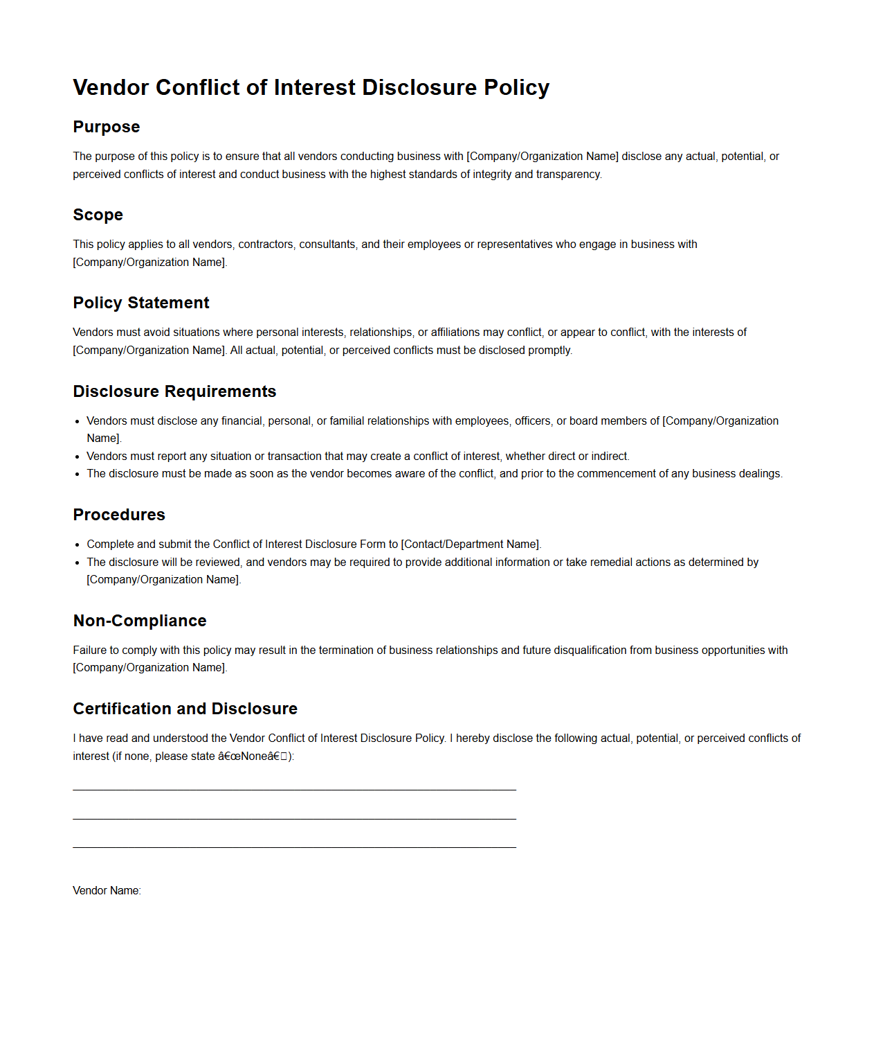 Blank Vendor Conflict of Interest Disclosure Policy