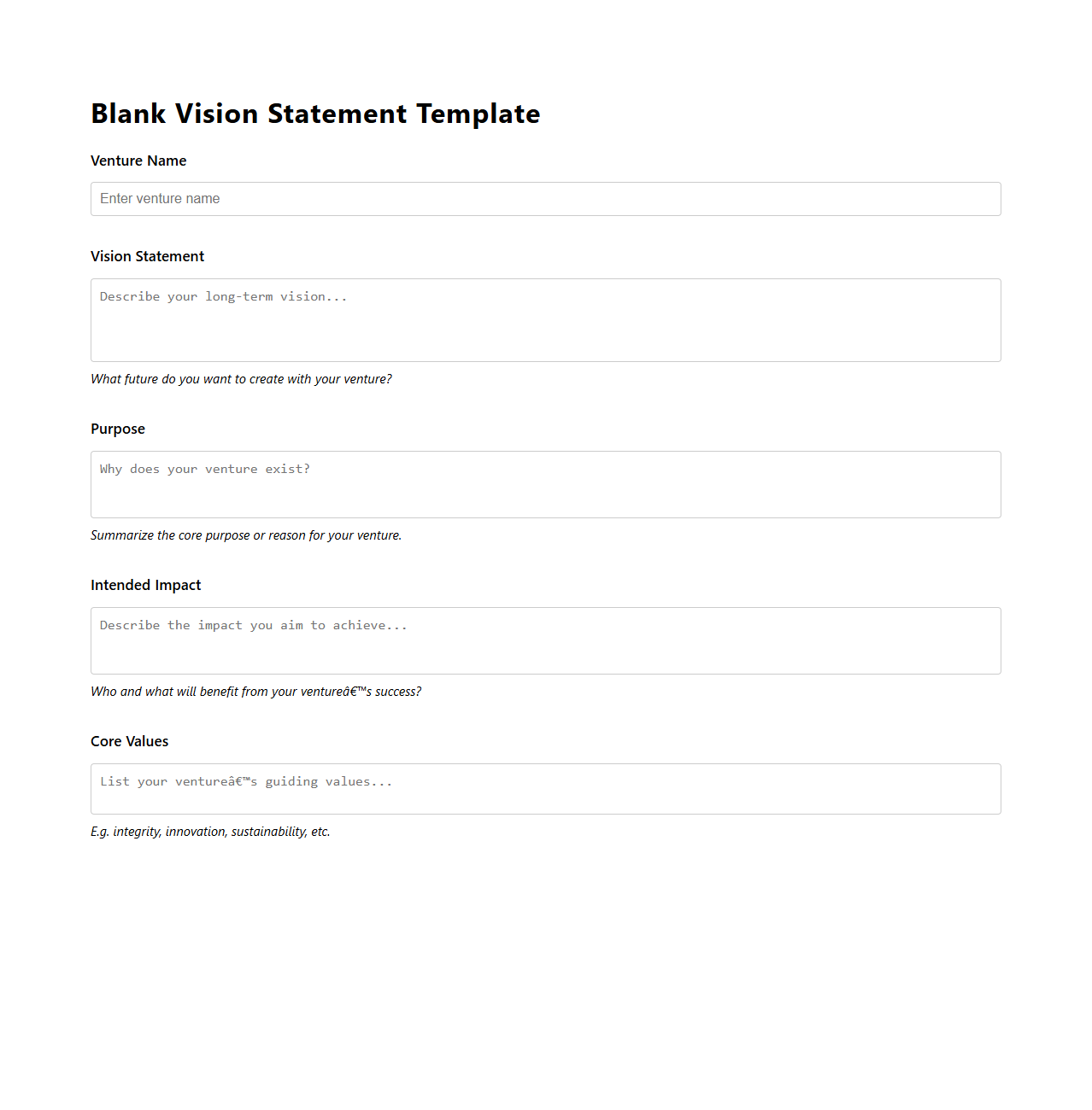 Blank Vision Statement Template for Early-Stage Ventures