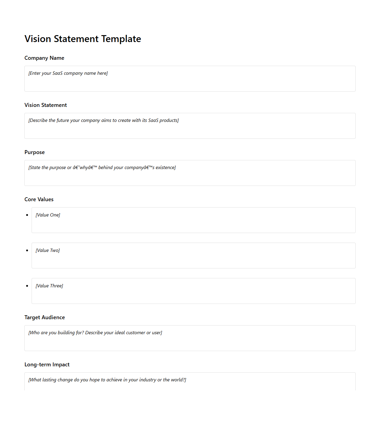 Blank Vision Statement Template for SaaS Companies