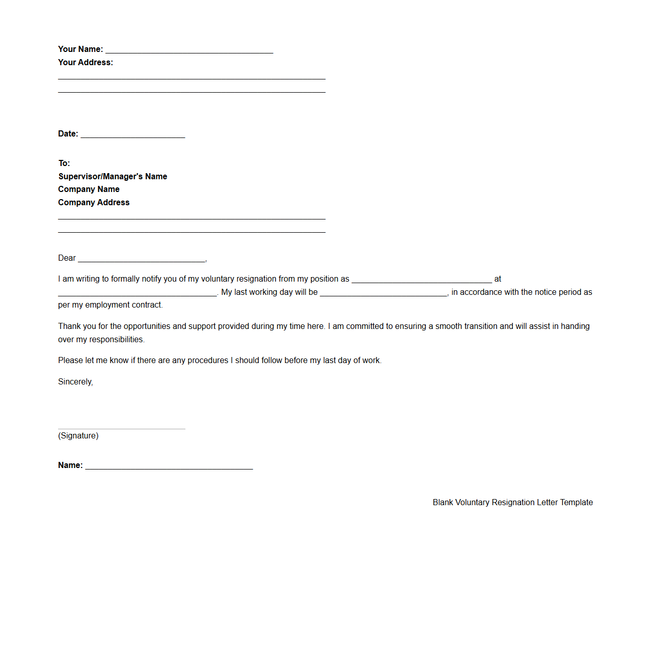 Blank Voluntary Resignation Letter Template for Workers