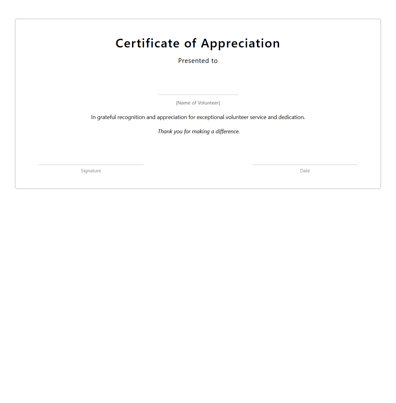 Blank Volunteer Appreciation Certificate Template