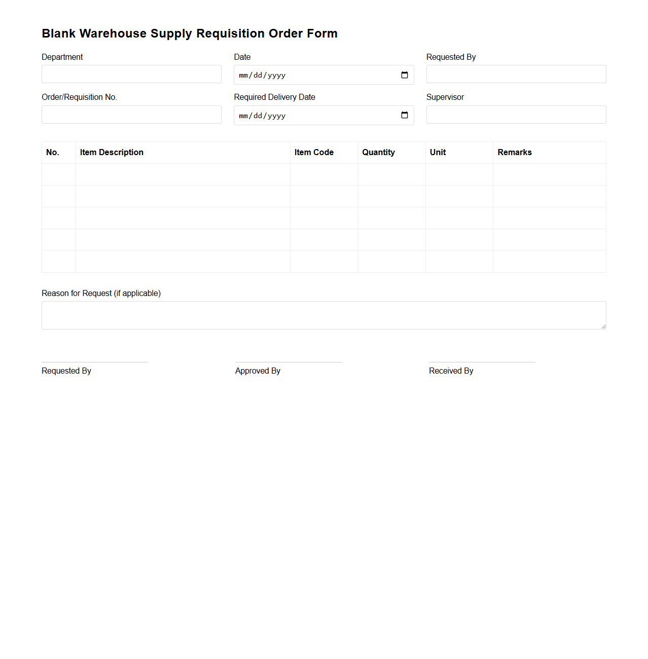 Blank Warehouse Supply Requisition Order Form