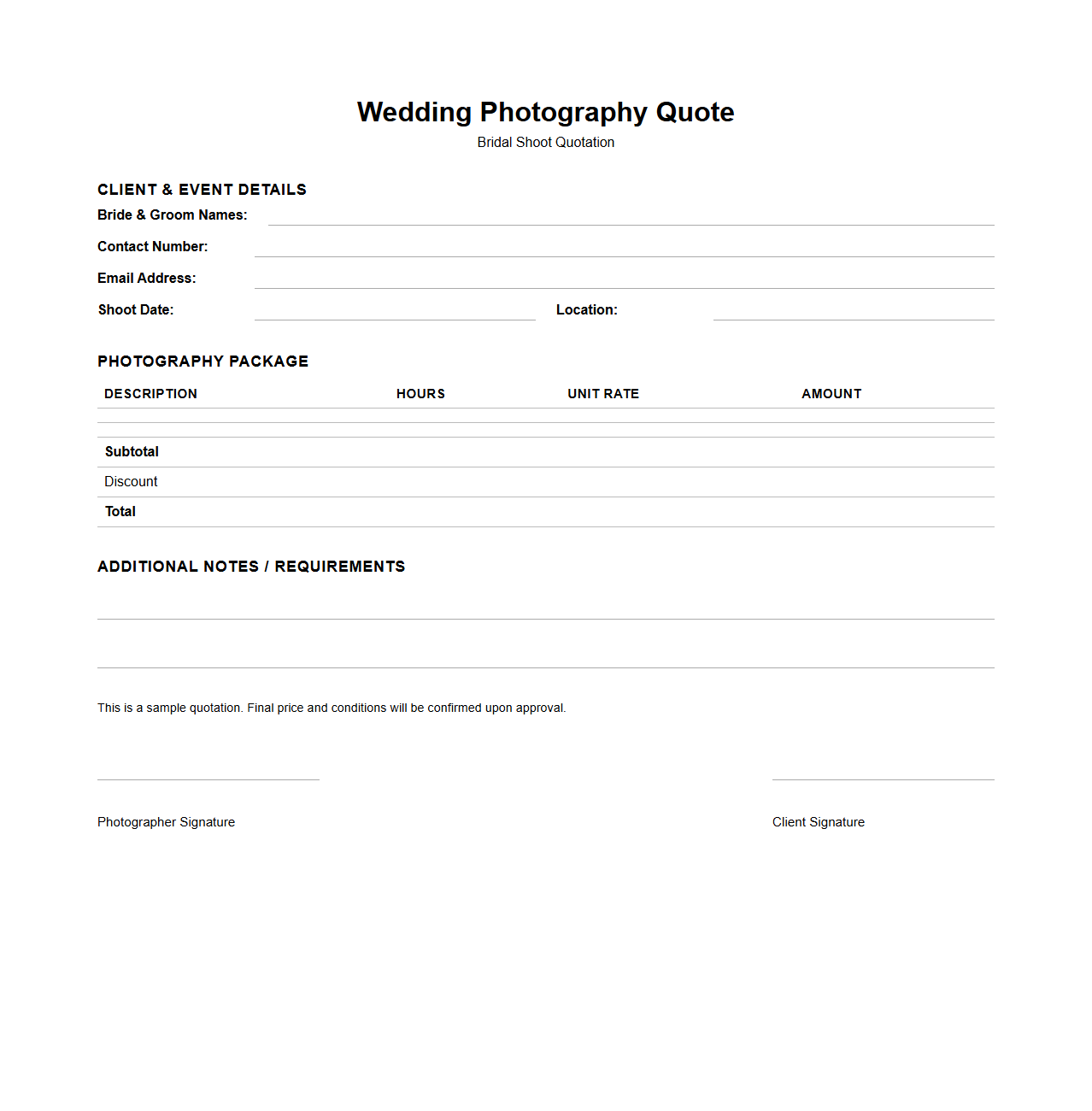 Blank Wedding Photography Quote Template for Bridal Shoots