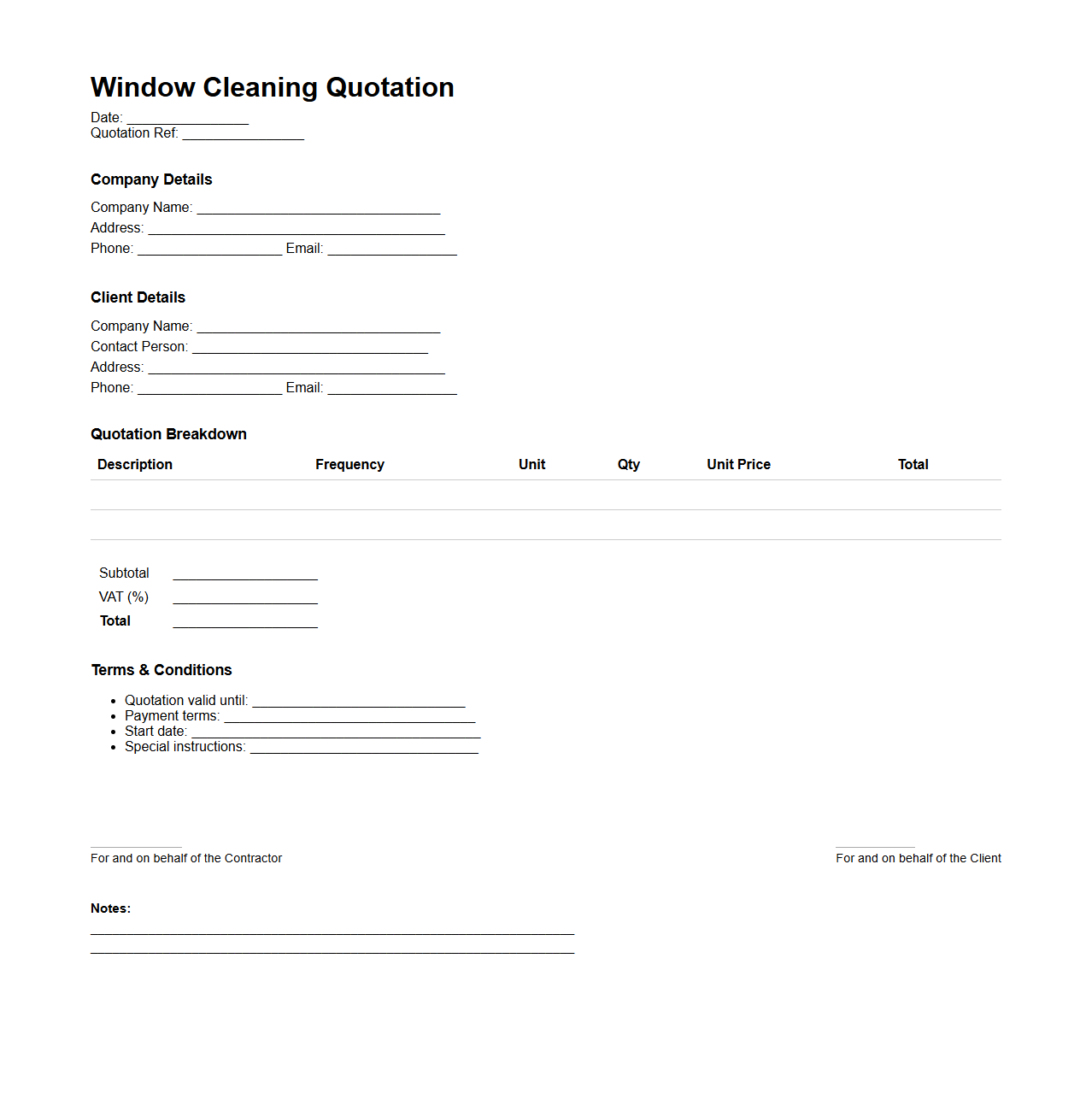Blank Window Cleaning Quotation Template for Commercial Contracts