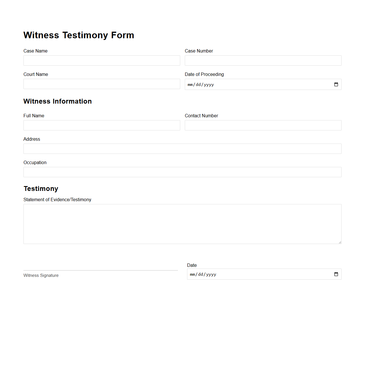 Blank Witness Testimony Form for Court Proceedings