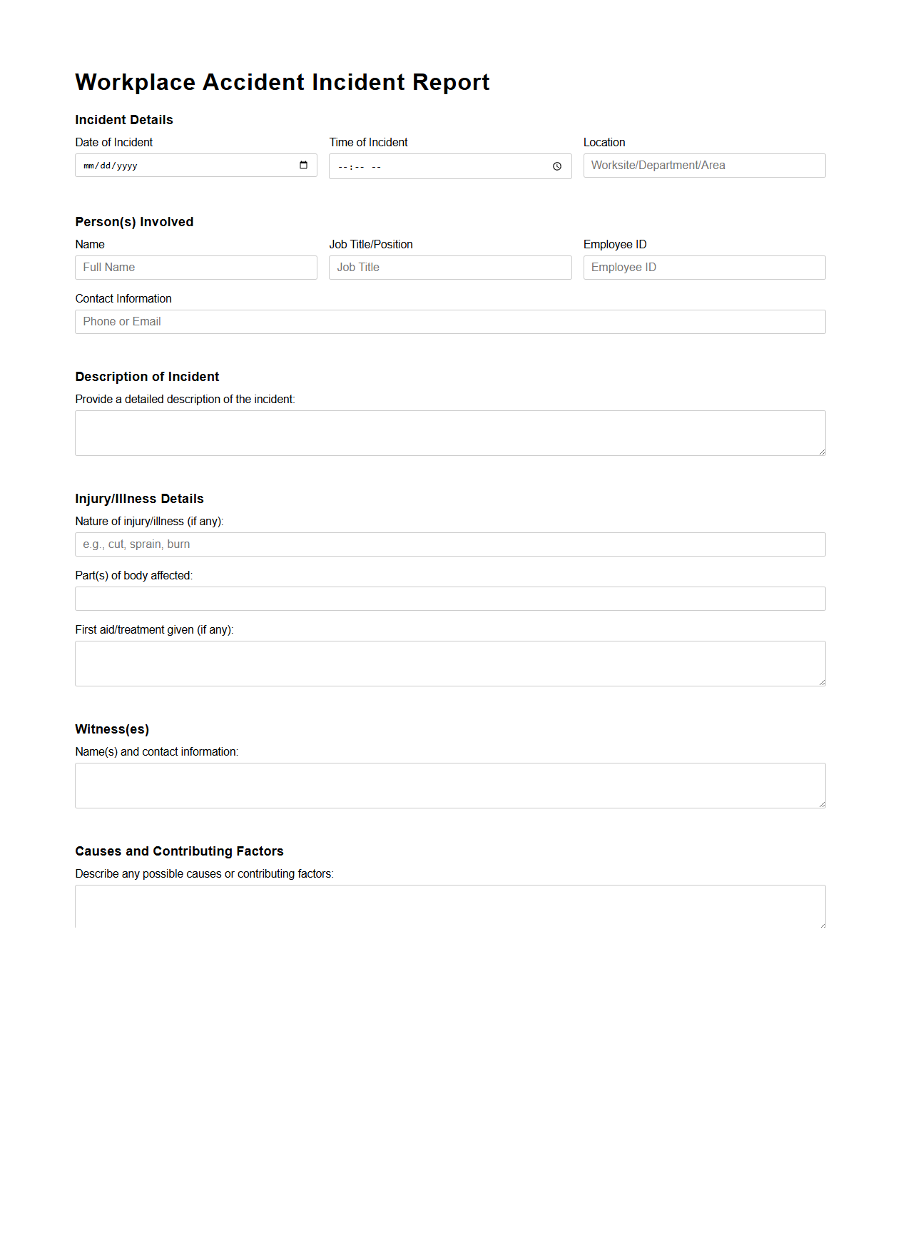 Blank Workplace Accident Incident Report Template