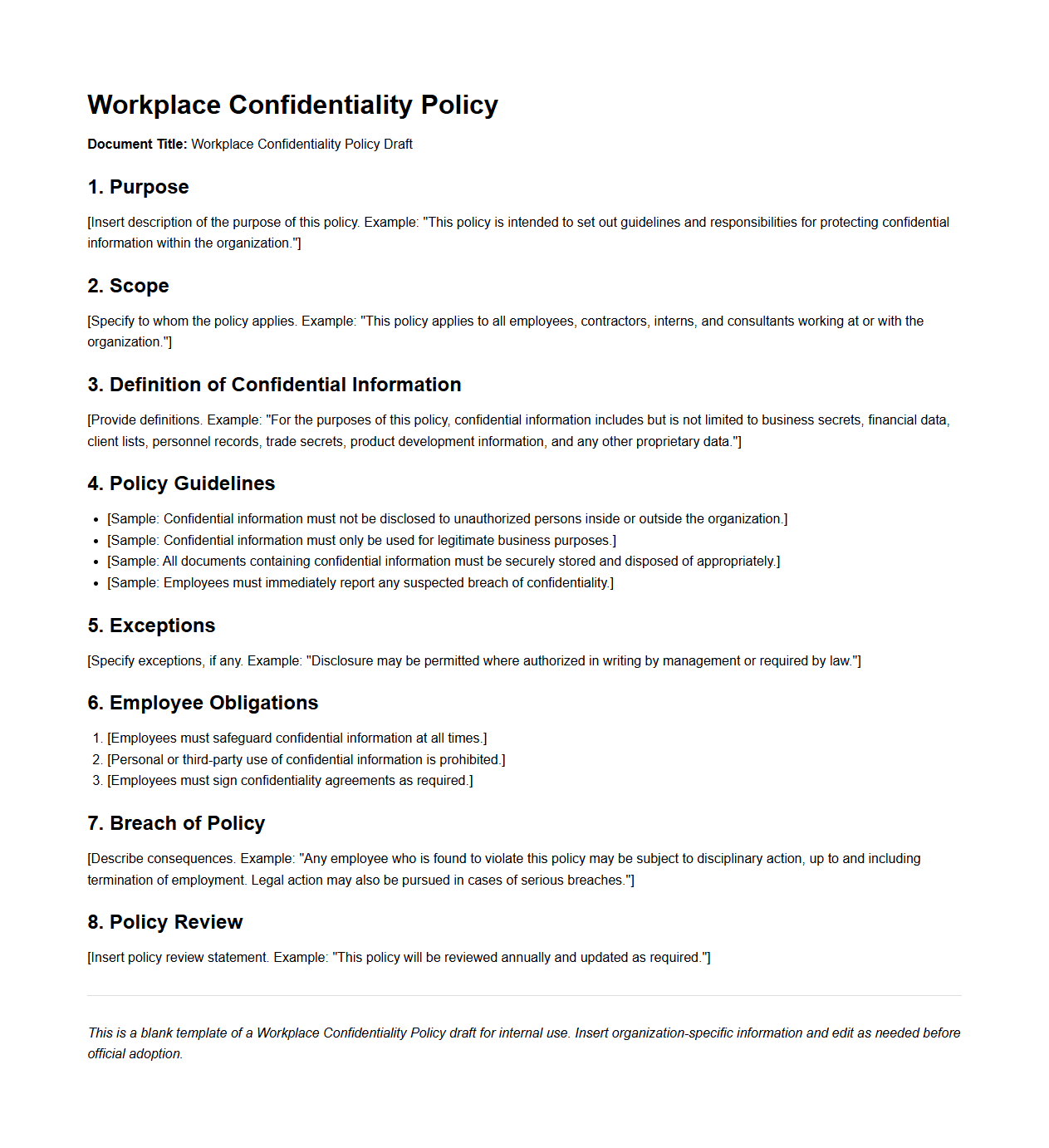 Blank Workplace Confidentiality Policy Draft