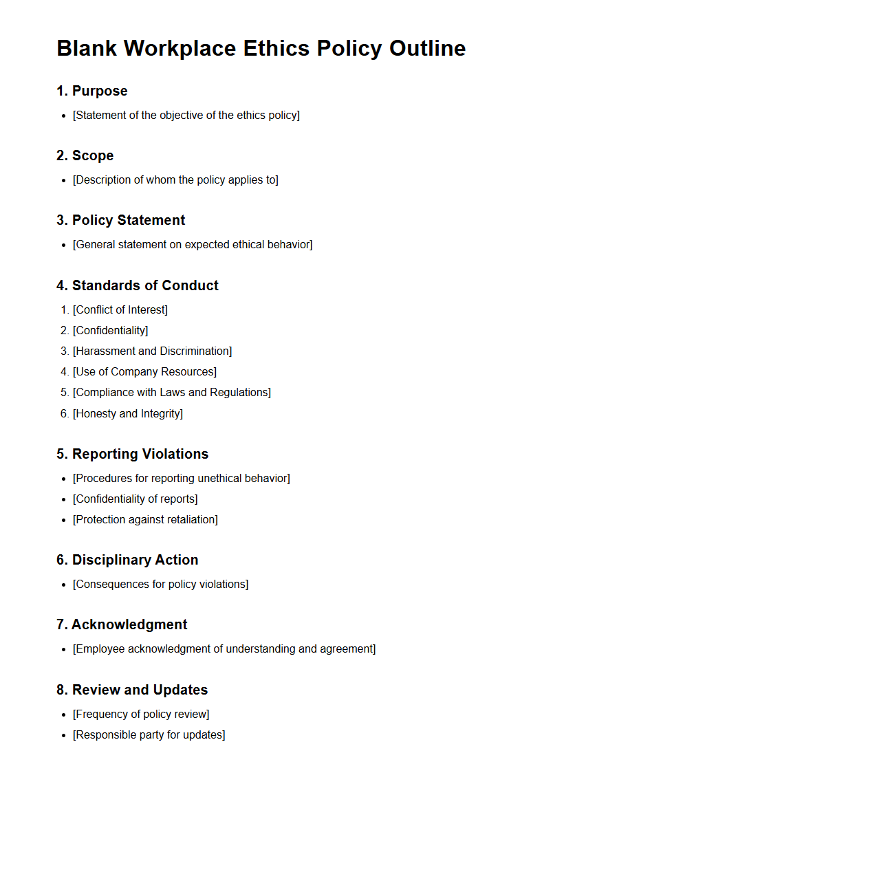 Blank Workplace Ethics Policy Outline