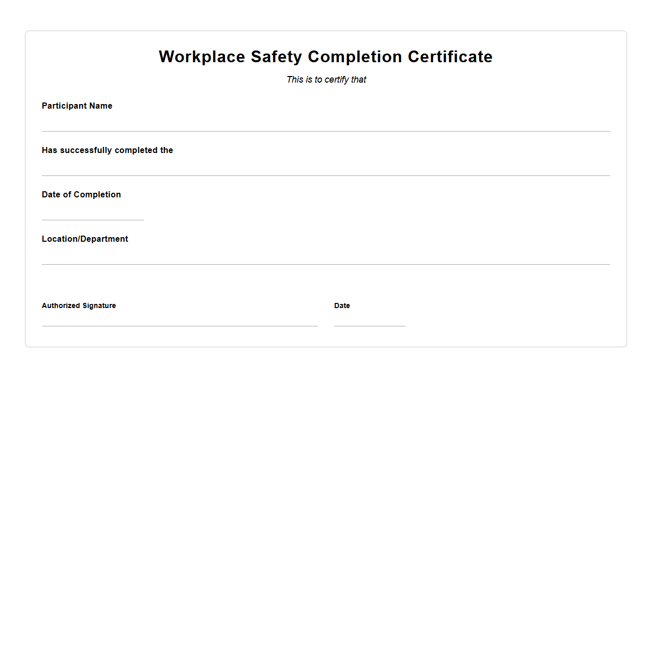 Blank Workplace Safety Completion Certificate Template