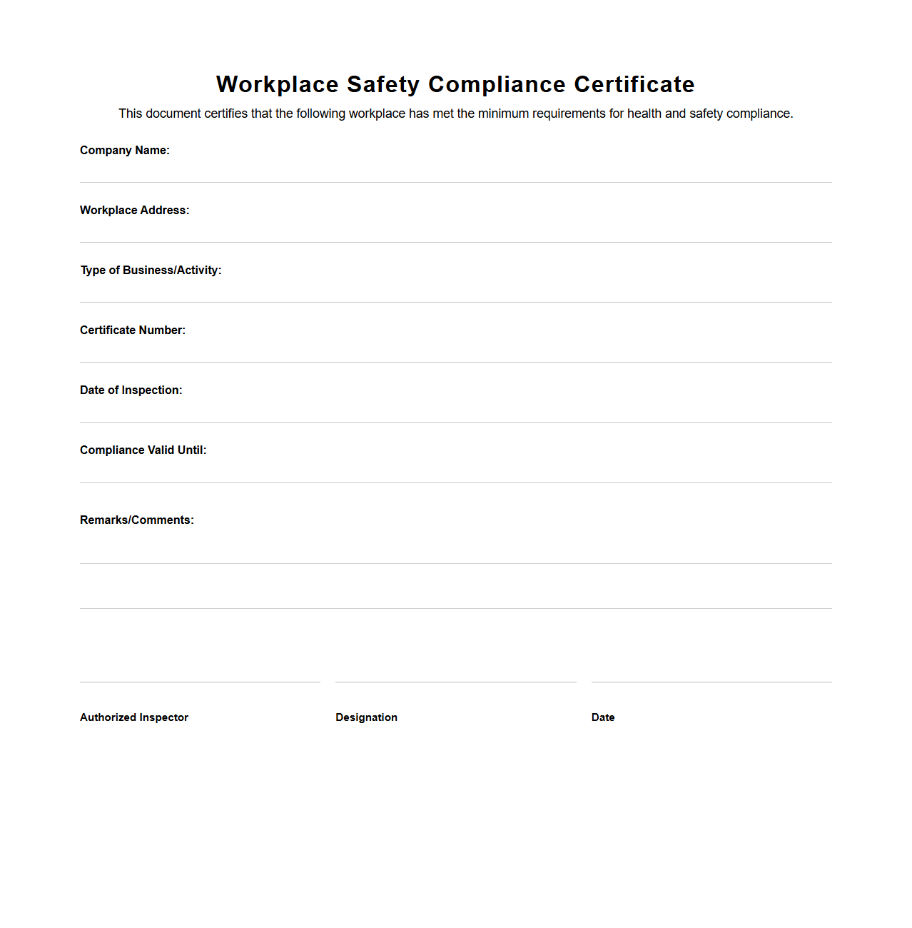 Blank Workplace Safety Compliance Certificate Template