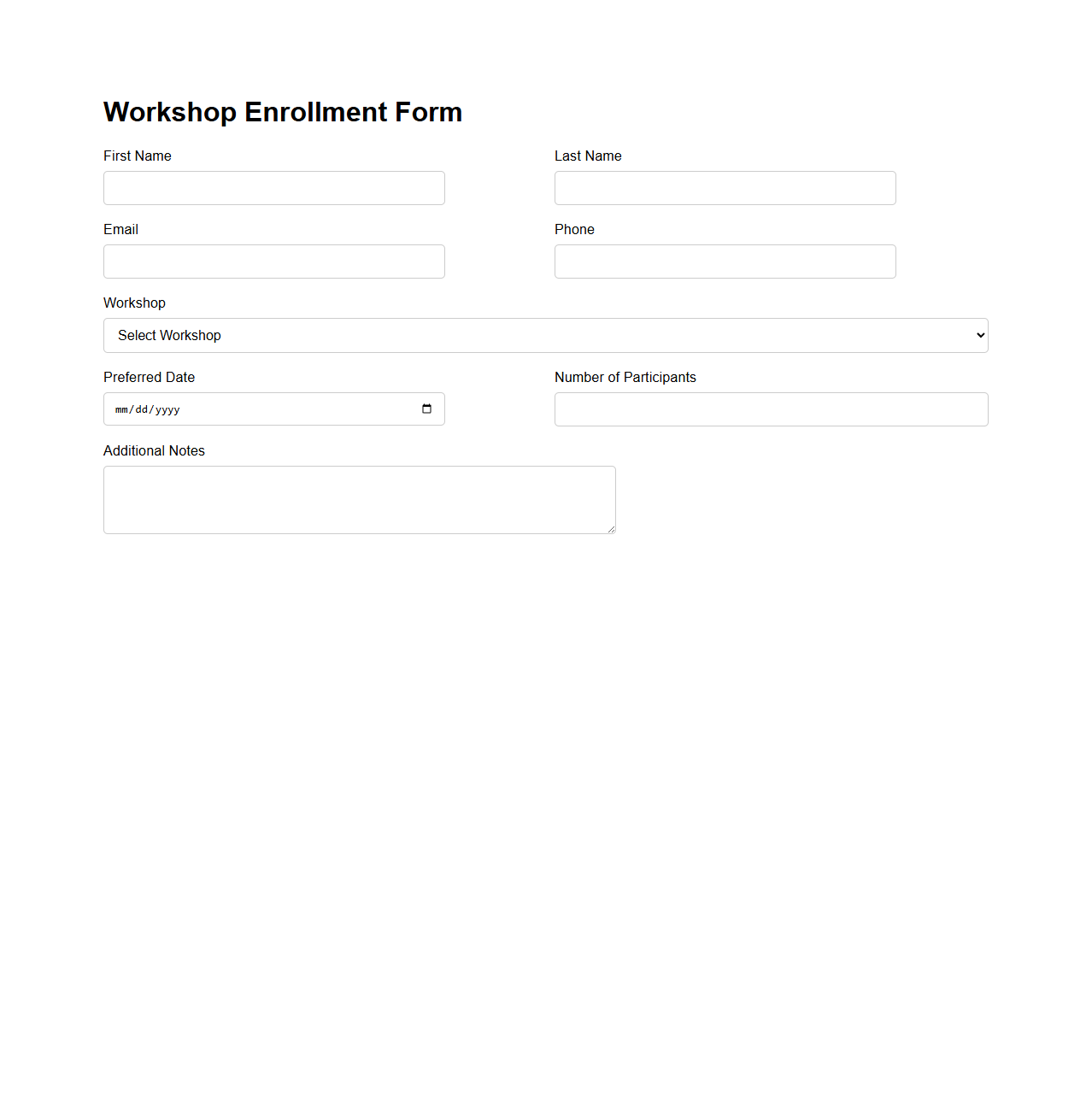 Blank Workshop Enrollment Form Template