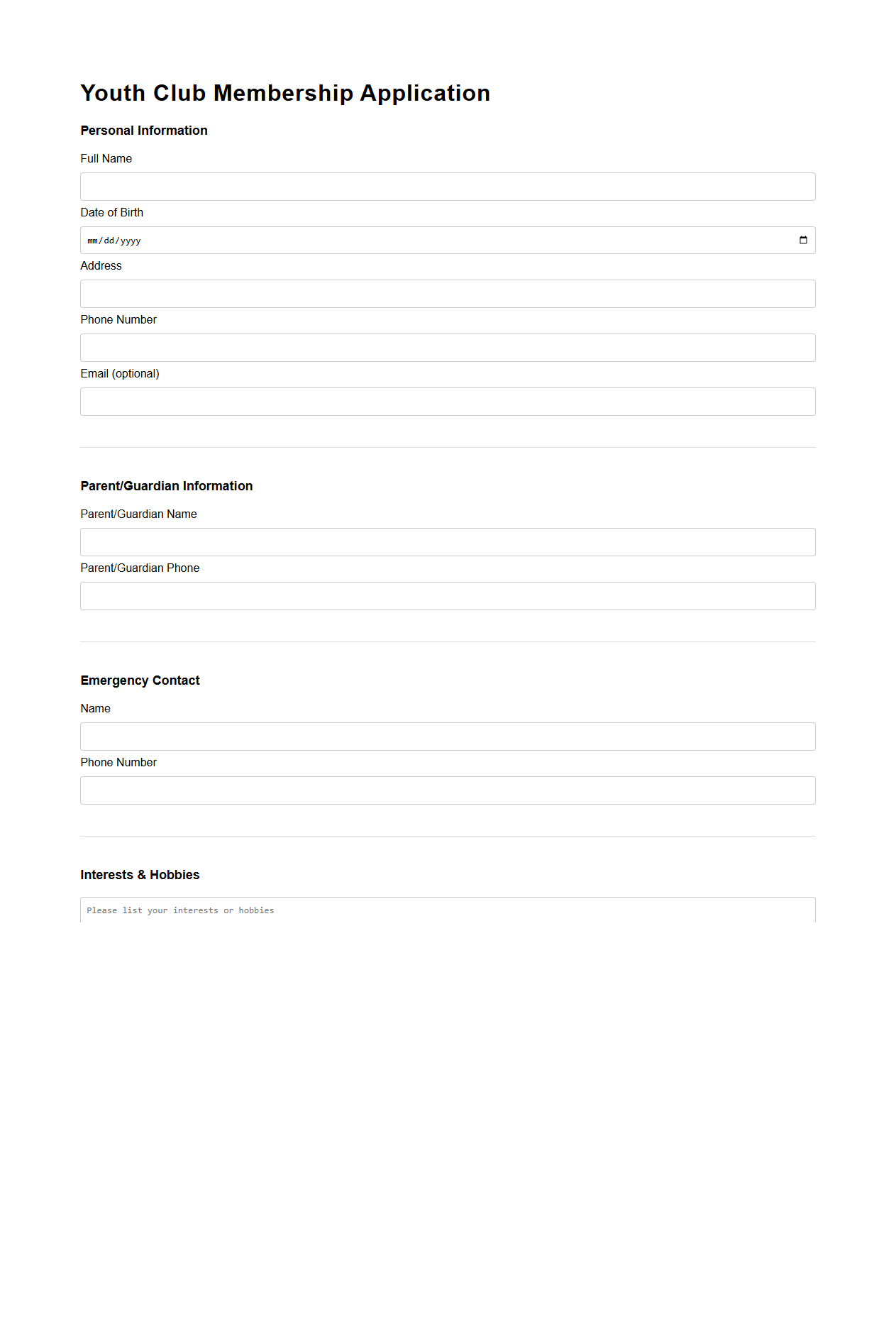 Blank Youth Club Membership Application Template