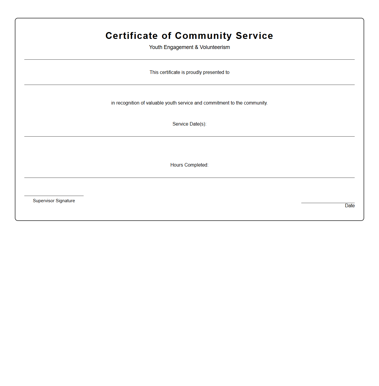 Blank Youth Community Service Certificate Template