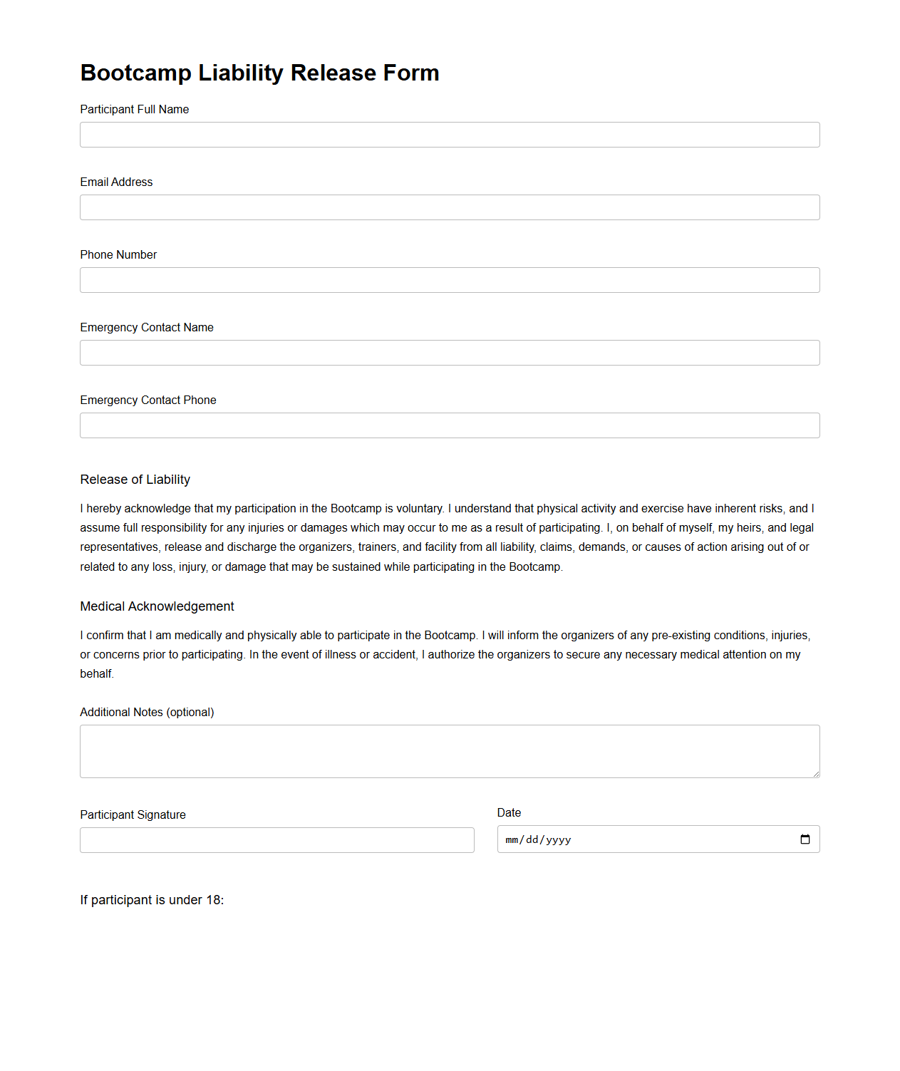 Bootcamp Liability Release Form