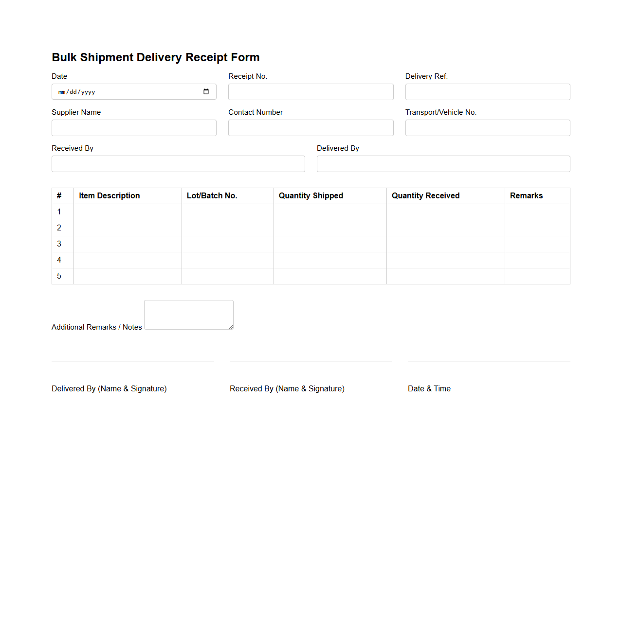 Bulk Shipment Delivery Receipt Form