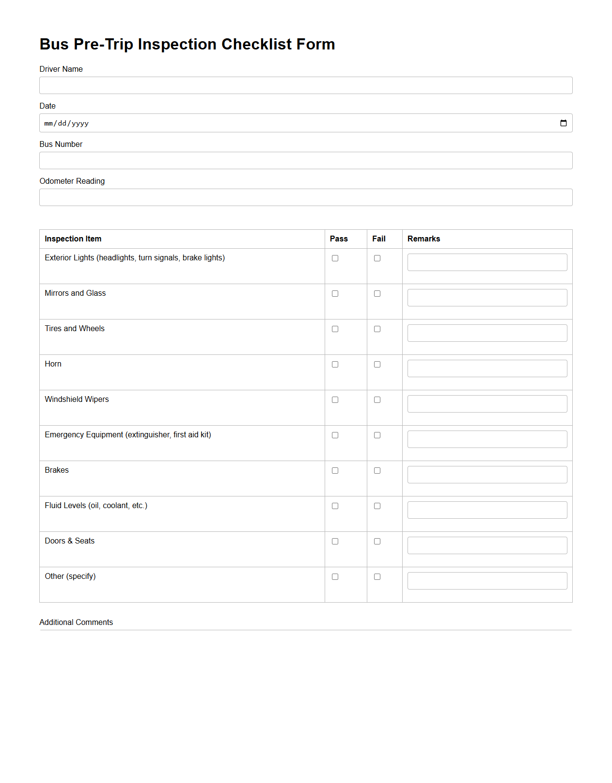 Bus Pre-Trip Inspection Checklist Form