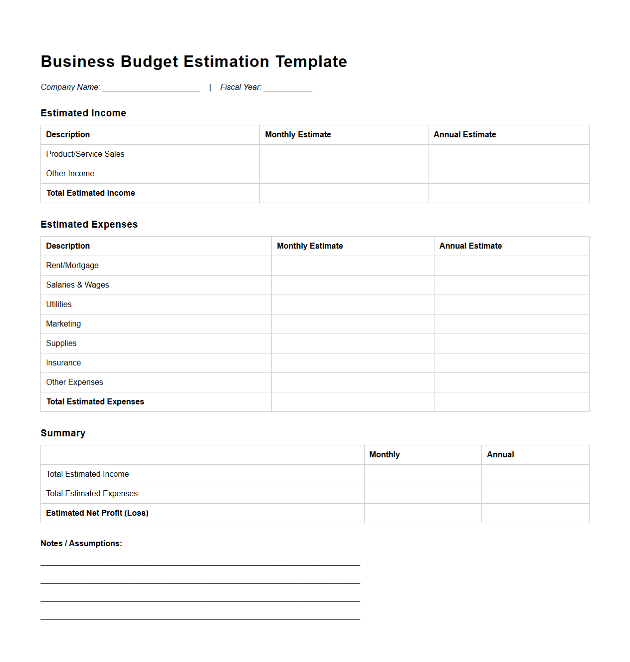 Business Budget Estimation Template