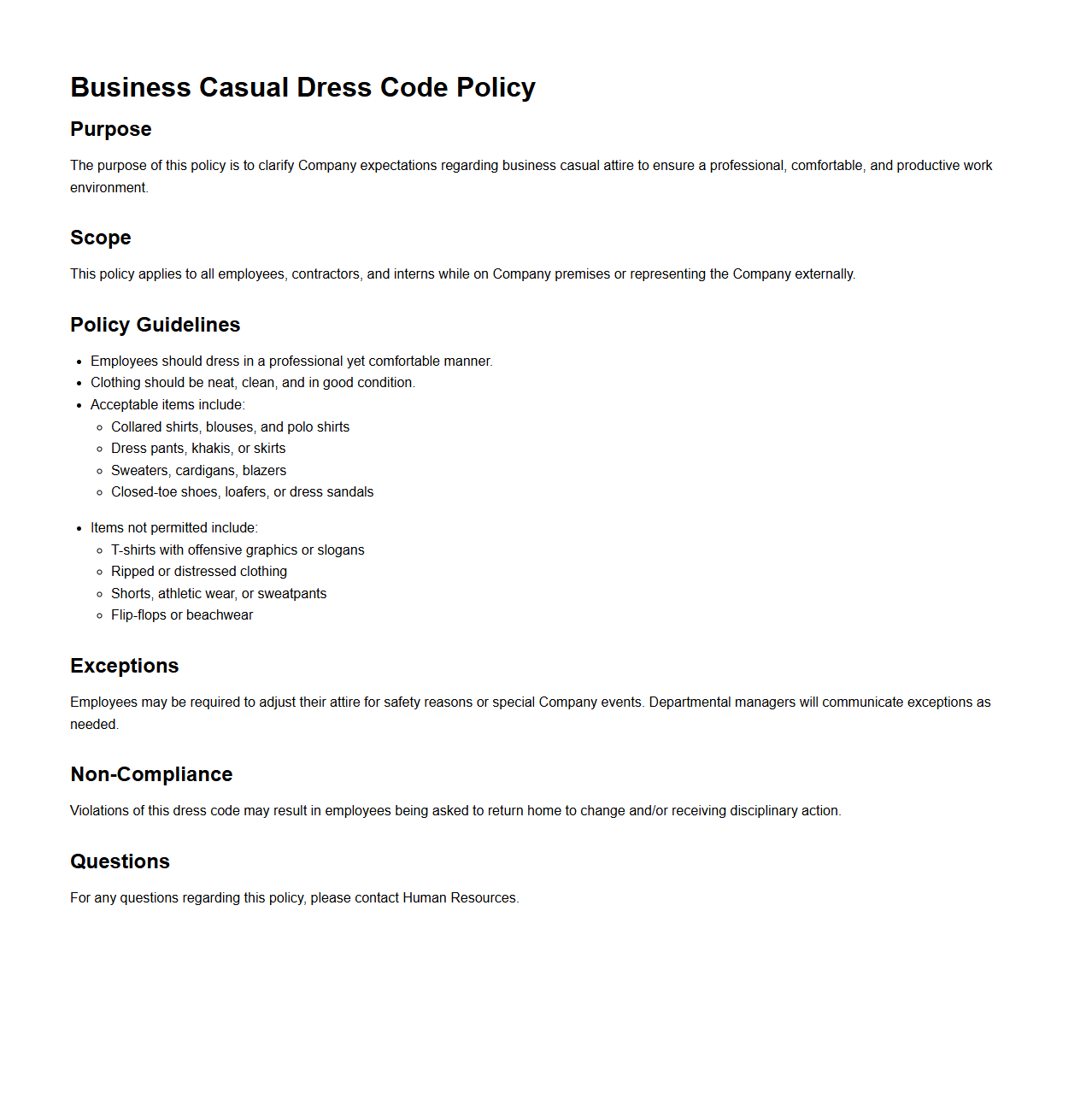 Business Casual Dress Code Policy Template