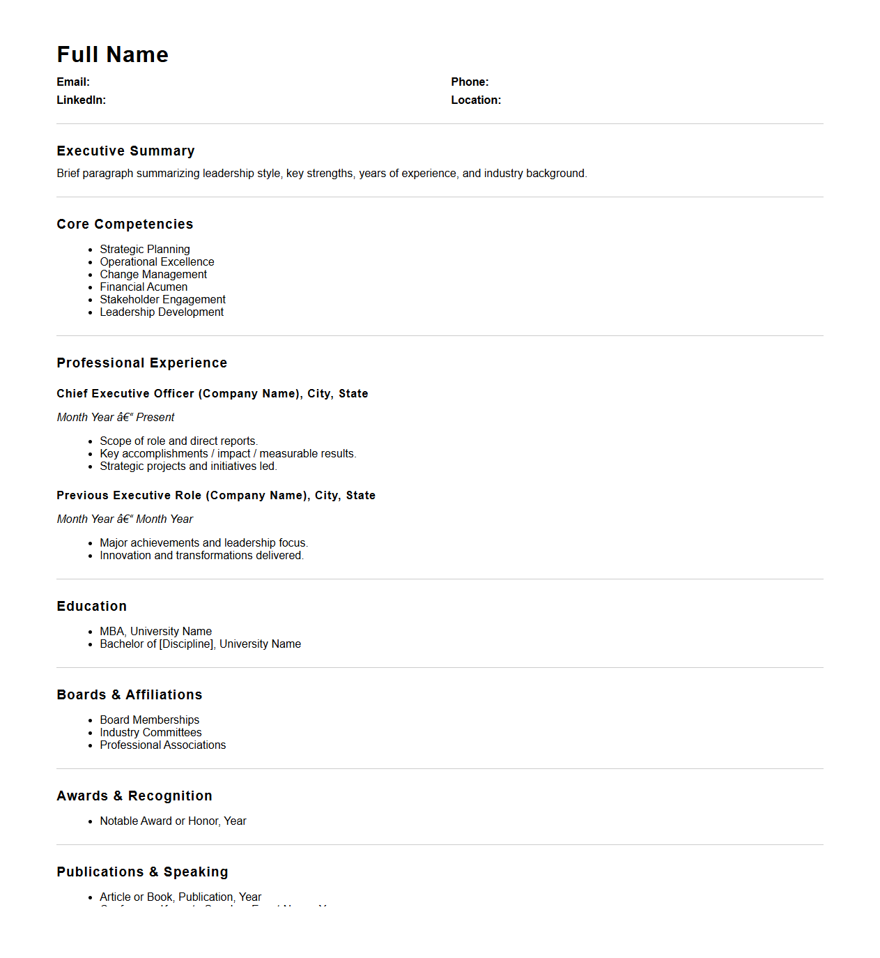C-Suite Resume Outline