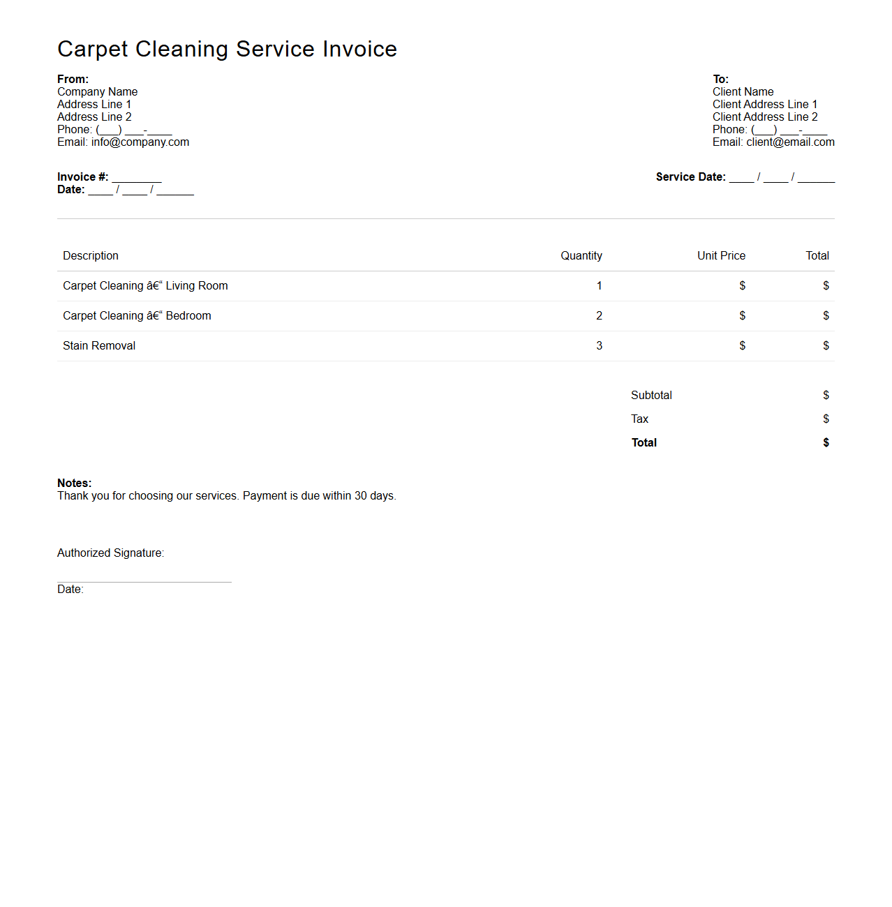 Carpet Cleaning Service Invoice