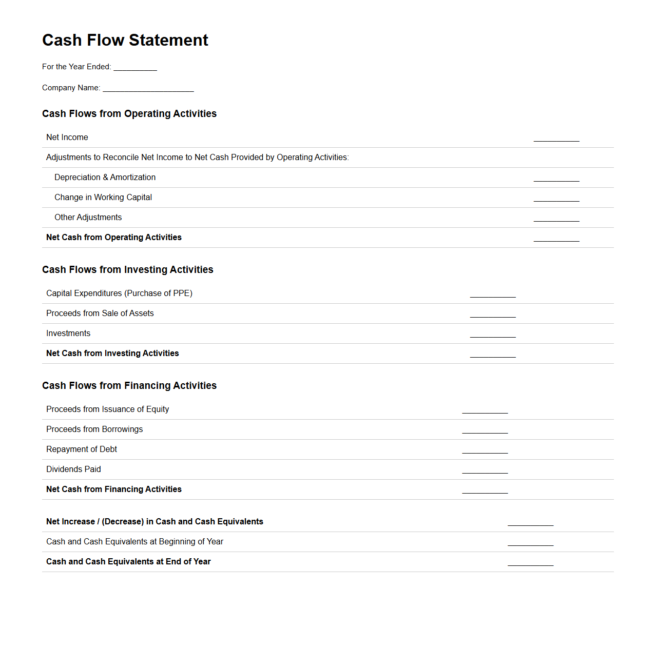 Cash Flow Statement Template for Corporate Reporting
