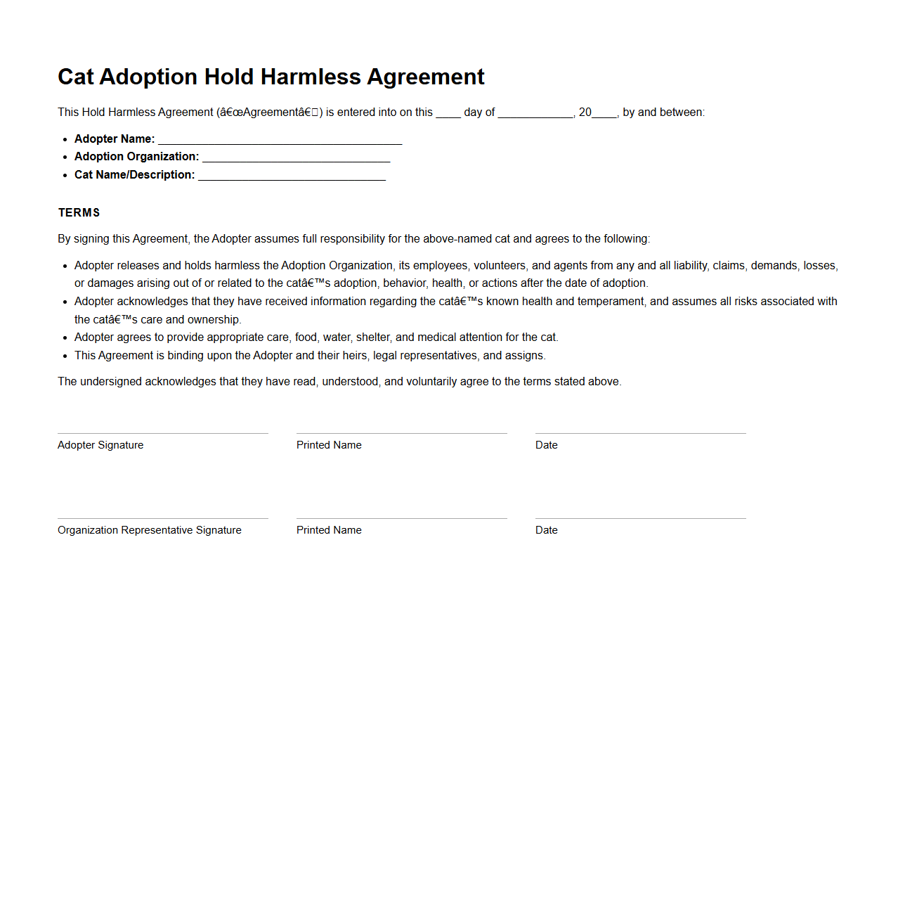 Cat Adoption Hold Harmless Agreement